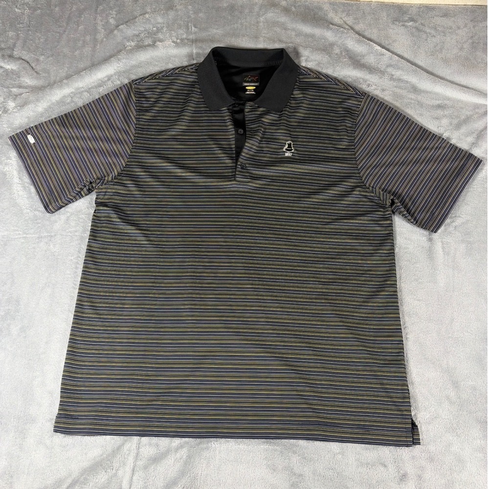 Greg Norman Play Dry Men XL Striped Golf Polo Shirt Black Blue 1897 "birdie"